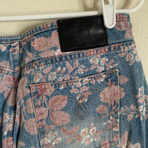 Vintage Low-Rise Joe Boxer Pink Flower Print Flare Distressed Blue Jeans - Picture 3 of 8